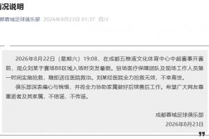 蓉城官方:一观众赛前突发晕倒,经医院全力抢救无效,不幸离世