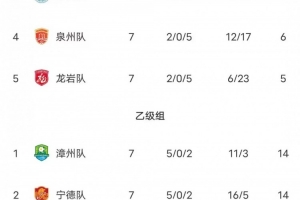 闽超积分榜:厦门队七连胜21分高居甲组第一 下场决赛对福州争冠